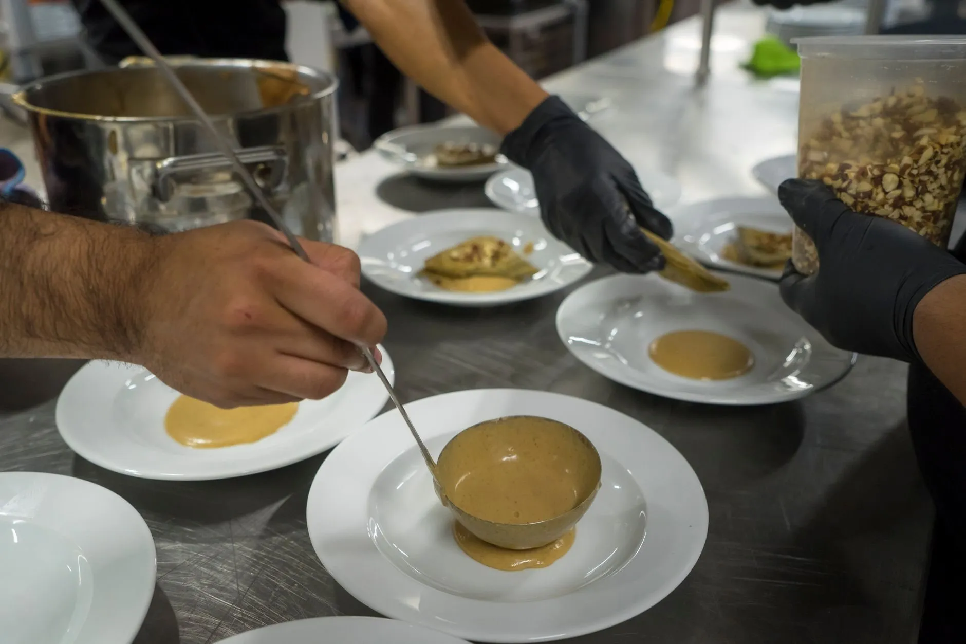 Gloved hands saucing a line of plates on a steel counter during service